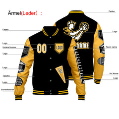 Maßgeschneiderte Schwarz Gelb Letterman Varsity Jacket Individuelle Stickerei  Druck nach Ihrem Wunsch