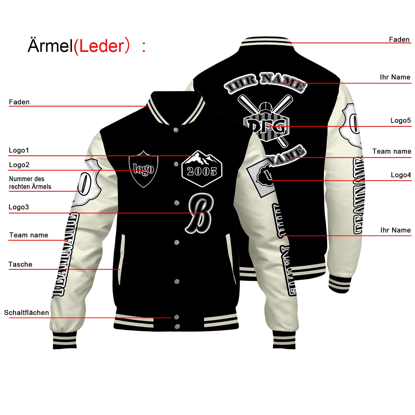 Maßgeschneiderte Schwarz Weiß Letterman Varsity Jacket Individuelle Stickerei  Druck nach Ihrem Wunsch