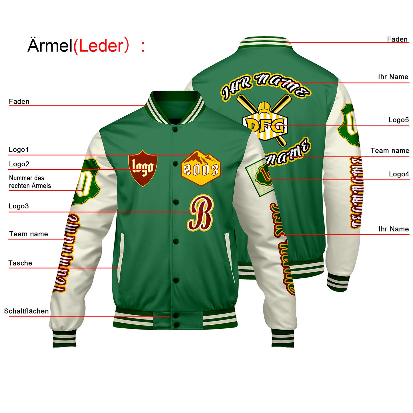 Maßgeschneiderte Grün Weiß Letterman Varsity Jacket Individuelle Stickerei  Druck nach Ihrem Wunsch