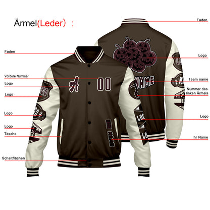 Maßgeschneiderte Braun Weiß Letterman Varsity Jacket Individuelle Stickerei  Druck nach Ihrem Wunsch