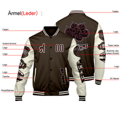 Maßgeschneiderte Braun Weiß Letterman Varsity Jacket Individuelle Stickerei  Druck nach Ihrem Wunsch