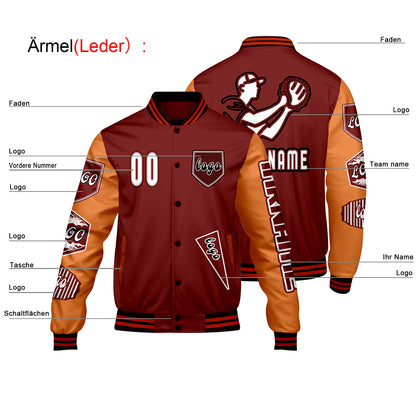 Maßgeschneiderte Rot Orange Letterman Varsity Jacket Individuelle Stickerei  Druck nach Ihrem Wunsch