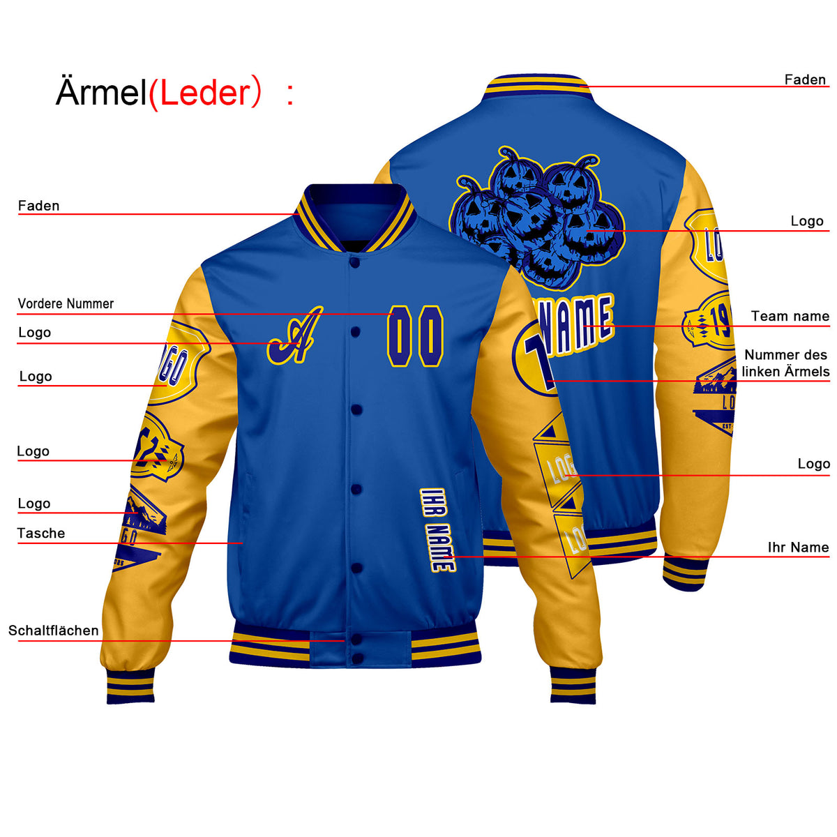 Maßgeschneiderte Blau Gelb Letterman Varsity Jacket Individuelle Stickerei  Druck nach Ihrem Wunsch