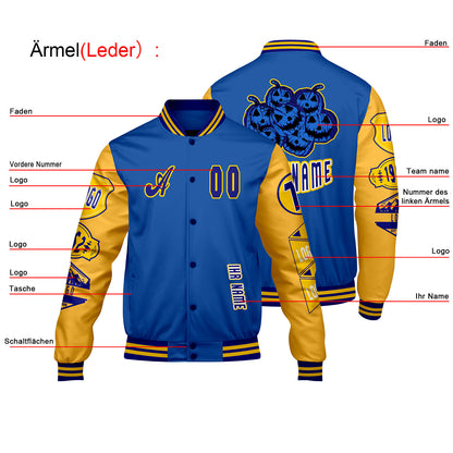 Maßgeschneiderte Blau Gelb Letterman Varsity Jacket Individuelle Stickerei  Druck nach Ihrem Wunsch