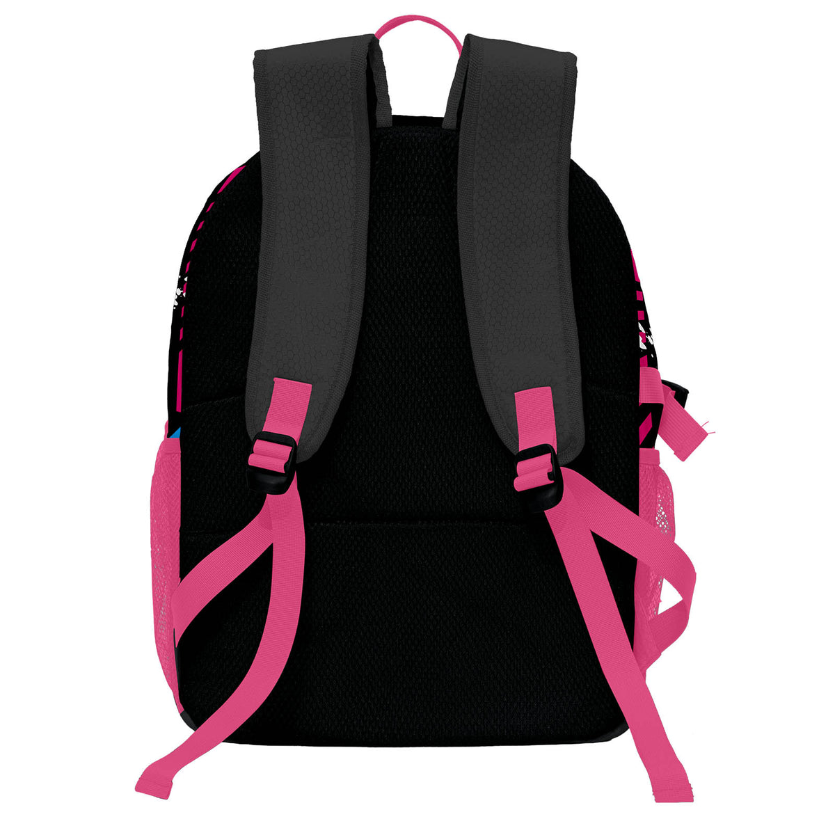 Individuell gestalteter Basketball - und Fußballrucksack in Schwarz & Rosenrot und Blau mit Spielernamen & Nummern und Teamlogo #BP-0919-0003