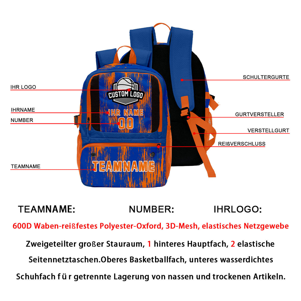 Individuell gestalteter & leuchtend blau - orangener Basketball - und Fußballrucksack mit personalisierten Spielernamen & Nummern und Teamlogos #BP-0919-0009