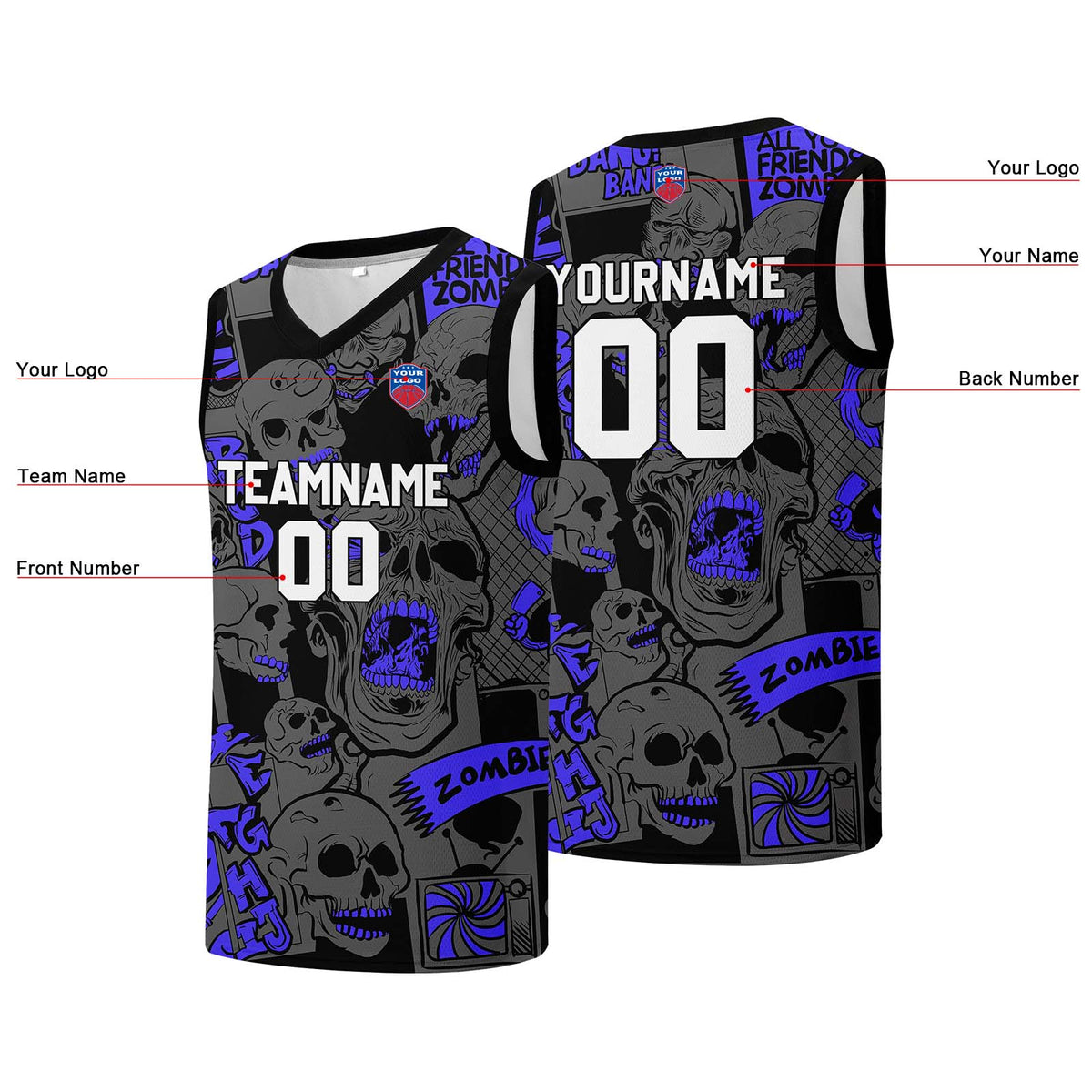 Individuelle Basketball-Jersey für Männer und Frauen. Gestickter und gedruckter Name, Nummer und Logo