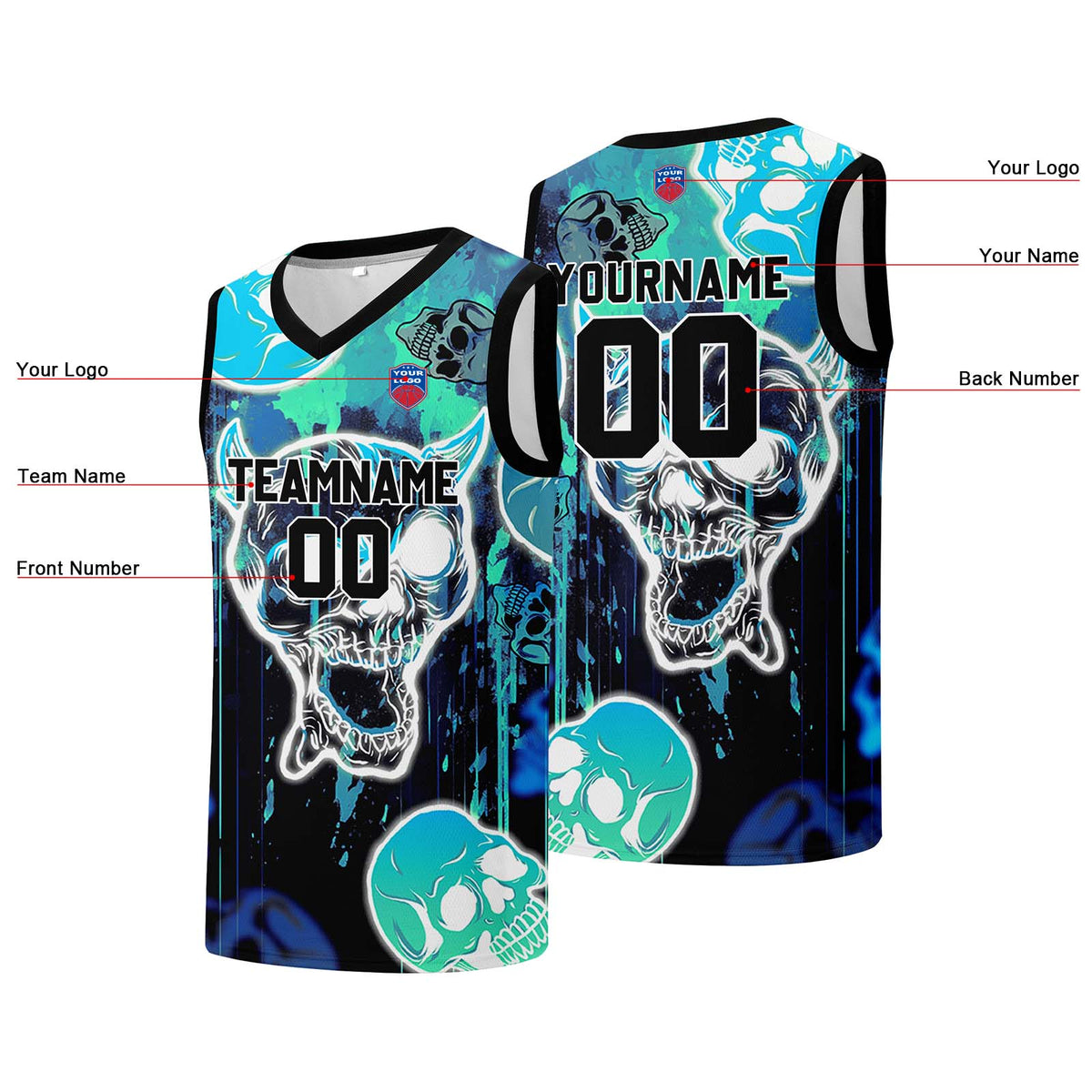 Individuelle Basketball-Jersey für Männer und Frauen. Gestickter und gedruckter Name, Nummer und Logo
