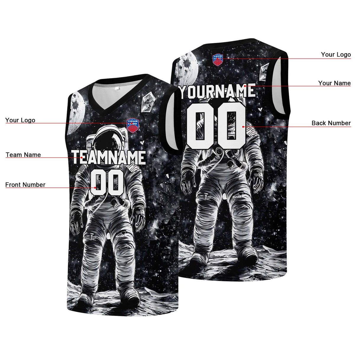 Individuelle Basketball-Jersey für Männer und Frauen. Gestickter und gedruckter Name, Nummer und Logo