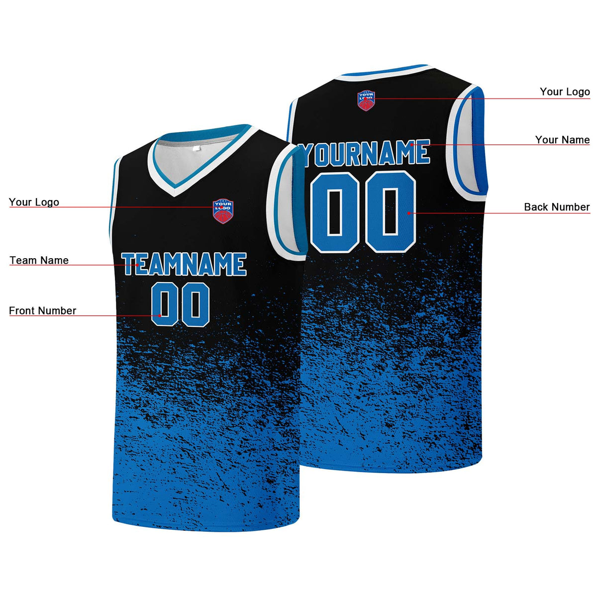 Individuelle Basketball-Jersey für Männer und Frauen. Gestickter und gedruckter Name, Nummer und Logo