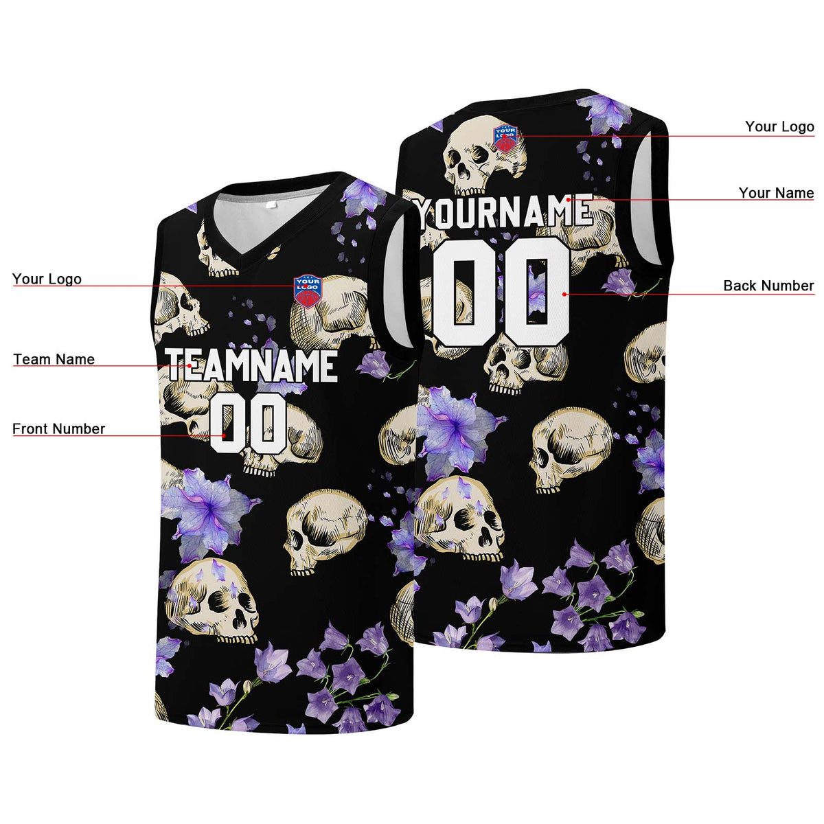 Individuelle Basketball-Jersey für Männer und Frauen. Gestickter und gedruckter Name, Nummer und Logo