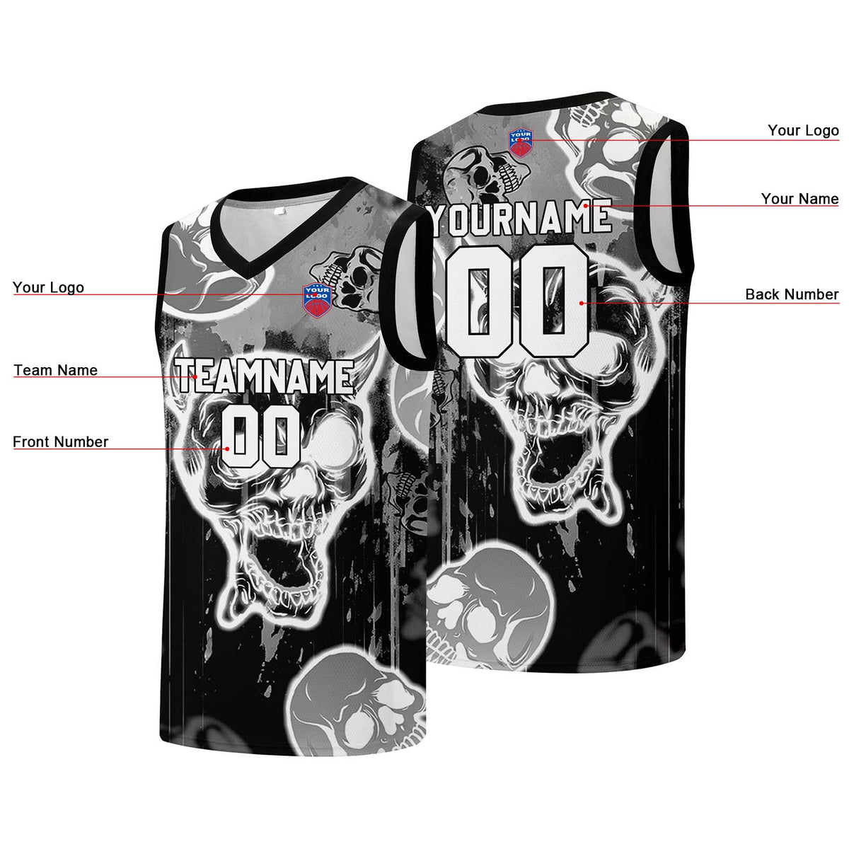 Individuelle Basketball-Jersey für Männer und Frauen. Gestickter und gedruckter Name, Nummer und Logo
