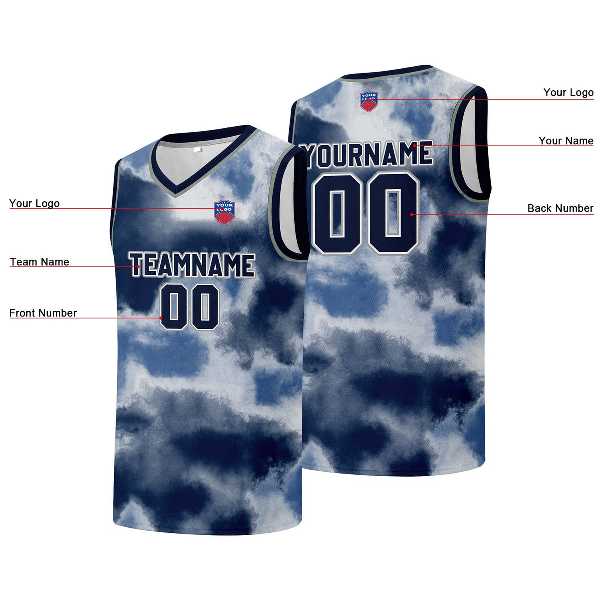 Individuelle Basketball-Jersey für Männer und Frauen. Gestickter und gedruckter Name, Nummer und Logo