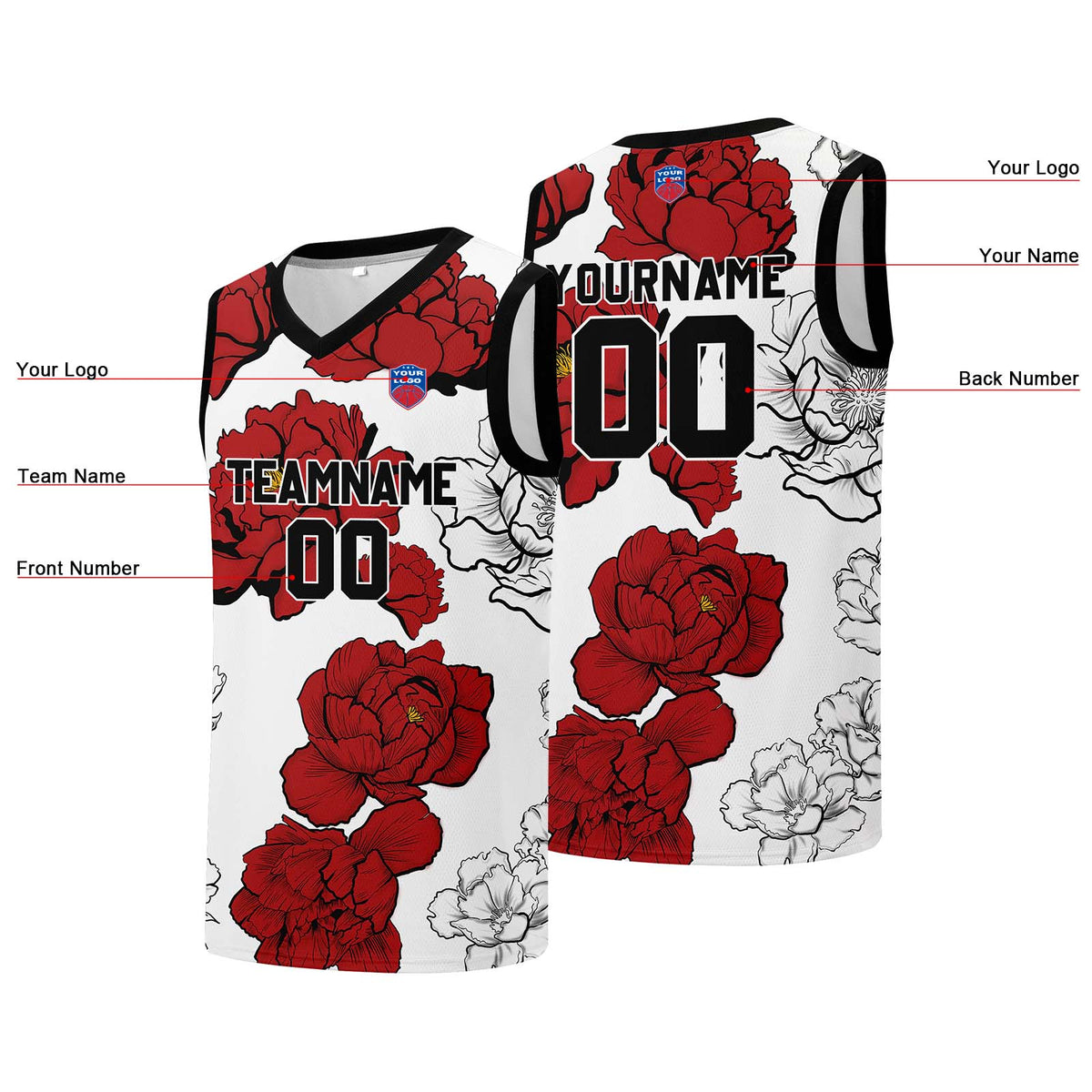 Individuelle Basketball-Jersey für Männer und Frauen. Gestickter und gedruckter Name, Nummer und Logo