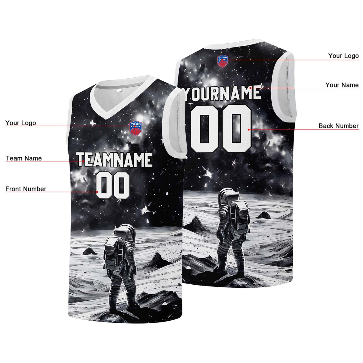 Individuelle Basketball-Jersey für Männer und Frauen. Gestickter und gedruckter Name, Nummer und Logo
