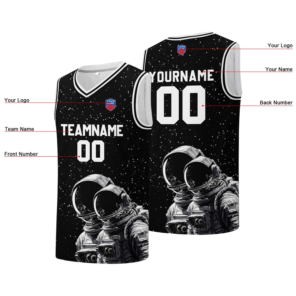 Individuelle Basketball-Jersey für Männer und Frauen. Gestickter und gedruckter Name, Nummer und Logo