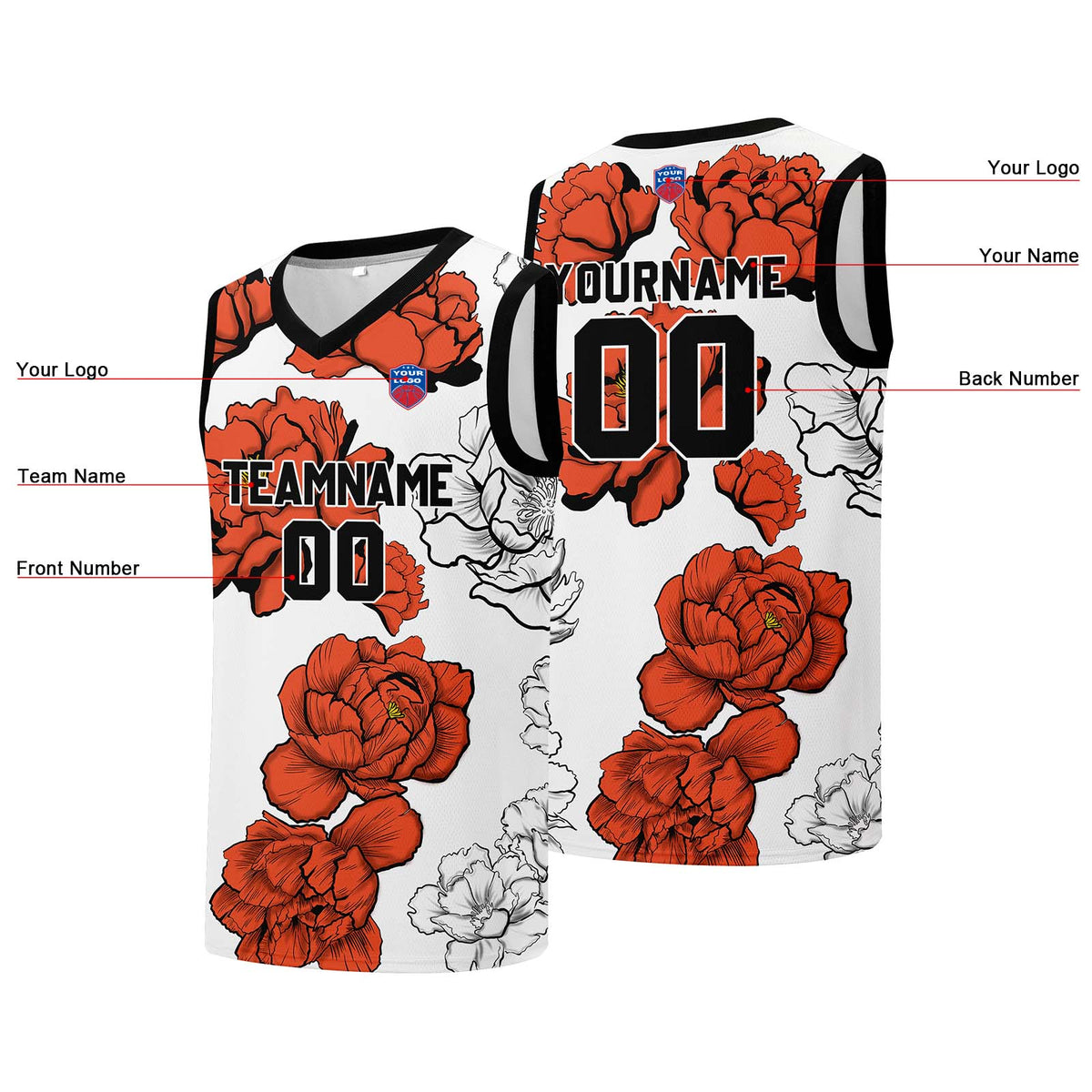 Individuelle Basketball-Jersey für Männer und Frauen. Gestickter und gedruckter Name, Nummer und Logo