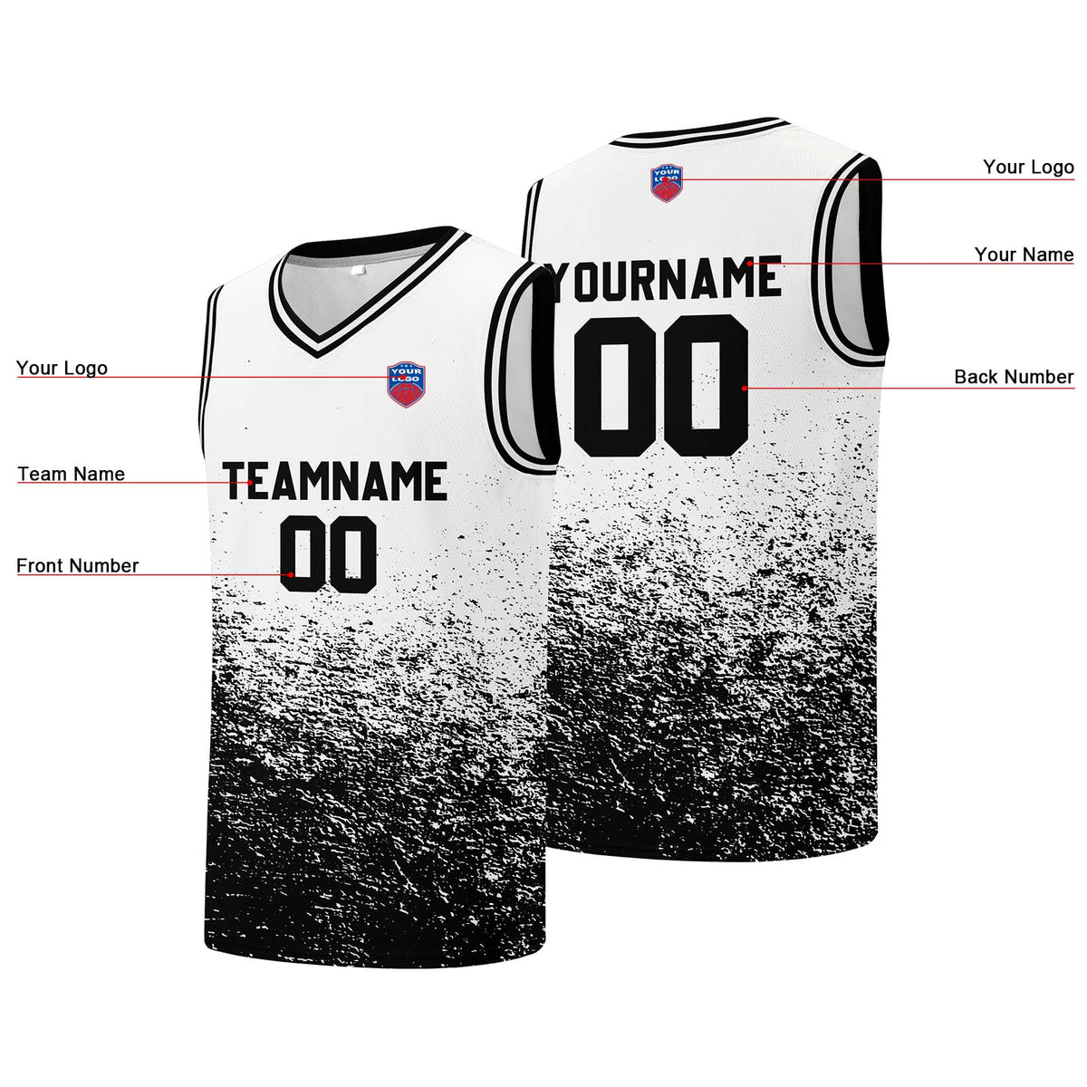 Individuelle Basketball-Jersey für Männer und Frauen. Gestickter und gedruckter Name, Nummer und Logo