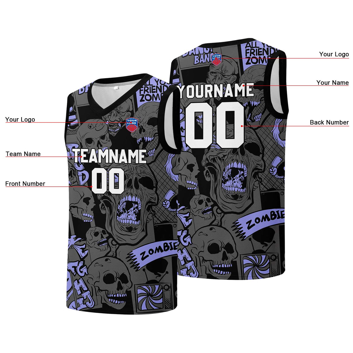 Individuelle Basketball-Jersey für Männer und Frauen. Gestickter und gedruckter Name, Nummer und Logo