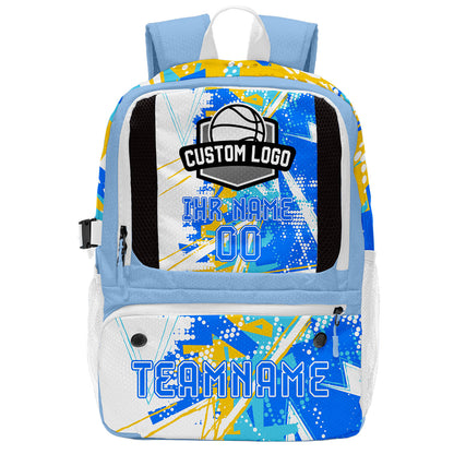 Personalisierter Basketball - und Fußballrucksack in Blau & Weiß und Gelb mit Spielernamen & Nummern und Teamlogo #BP-0919-0007