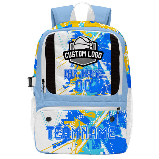 Personalisierter Basketball - und Fußballrucksack in Blau & Weiß und Gelb mit Spielernamen & Nummern und Teamlogo #BP-0919-0007