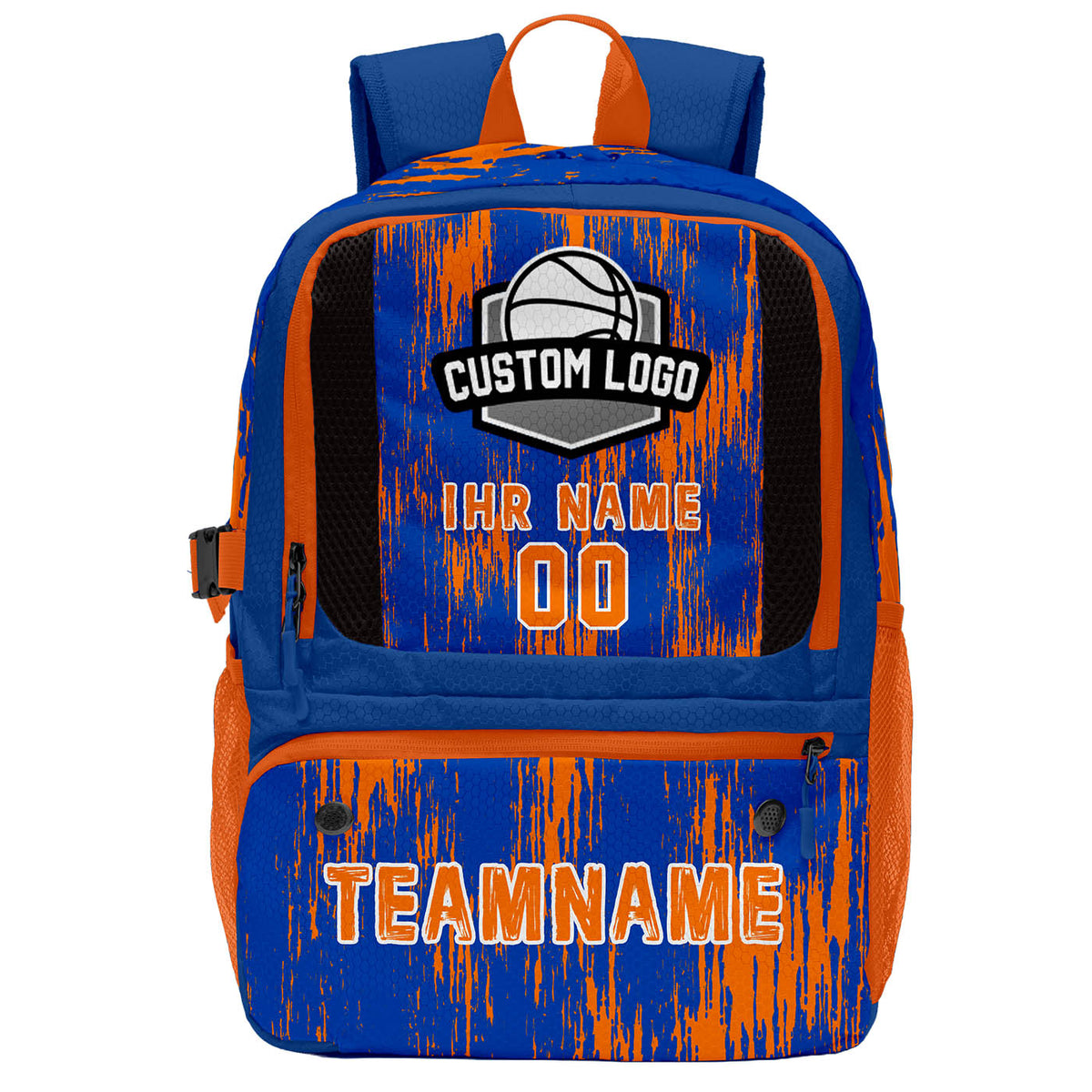 Individuell gestalteter & leuchtend blau - orangener Basketball - und Fußballrucksack mit personalisierten Spielernamen & Nummern und Teamlogos #BP-0919-0009