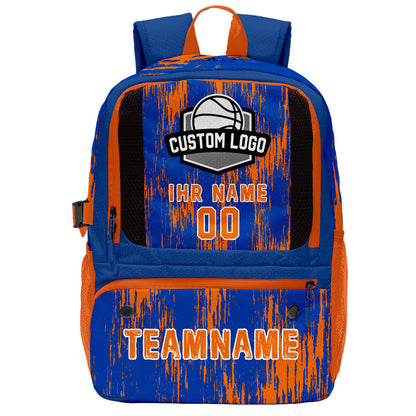 Individuell gestalteter & leuchtend blau - orangener Basketball - und Fußballrucksack mit personalisierten Spielernamen & Nummern und Teamlogos #BP-0919-0009