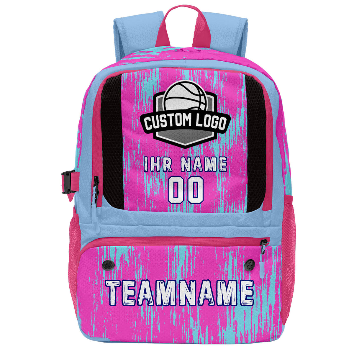 Personalisierter Basketball - und Fußballrucksack in Rosa & Hellblau mit Spielernamen & Nummern und Teamlogo #BP-0919-0035