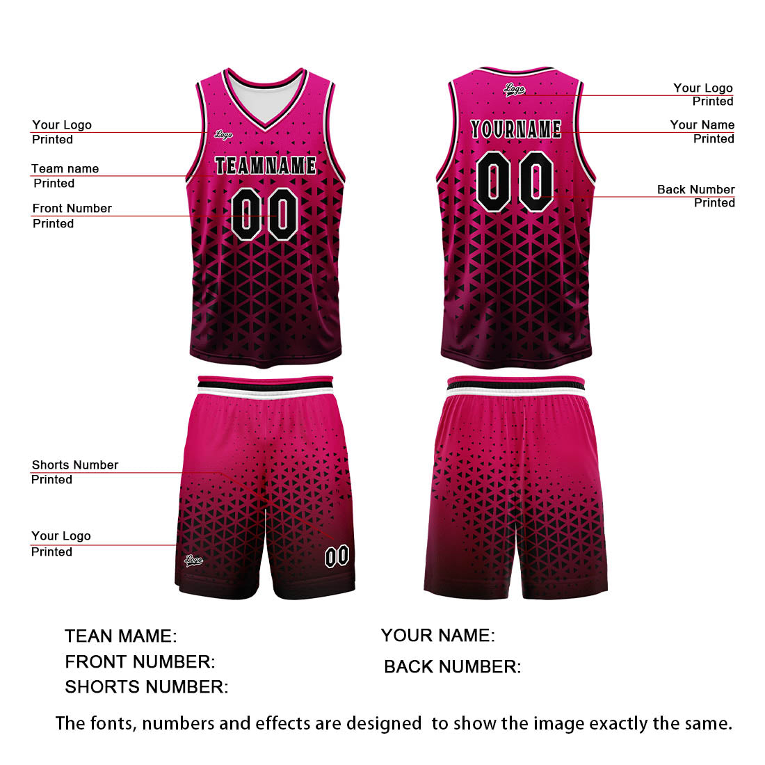 Benutzerdefinierter Rosa Schwarz Basketball Jersey Uniform Anzug gedruckt Ihr Logo Name Nummer