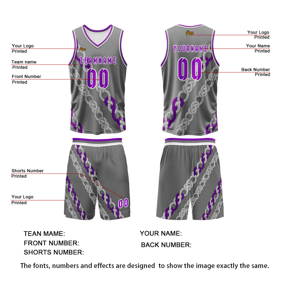 Benutzerdefinierter Grau Violett Basketball Jersey Uniform Anzug gedruckt Ihr Logo Name Nummer