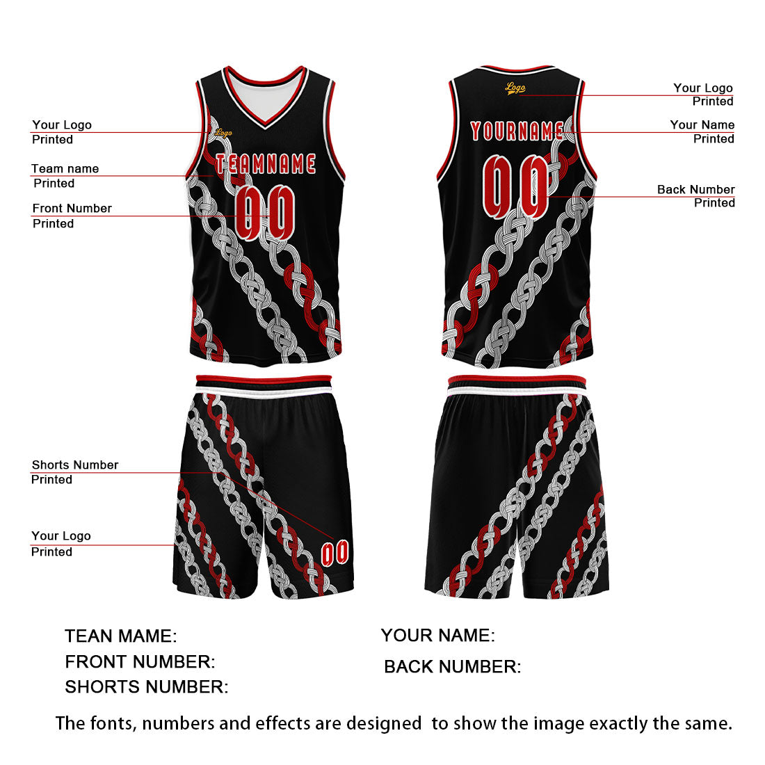 Benutzerdefinierter Schwarz Rot Basketball Jersey Uniform Anzug gedruckt Ihr Logo Name Nummer