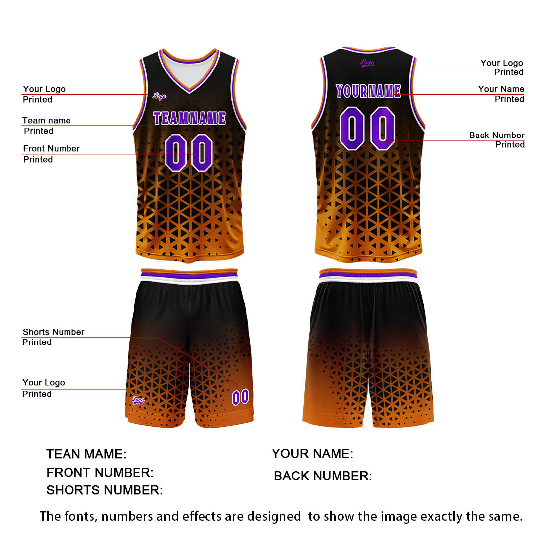 Benutzerdefinierter Orange Lila Basketball Jersey Uniform Anzug gedruckt Ihr Logo Name Nummer