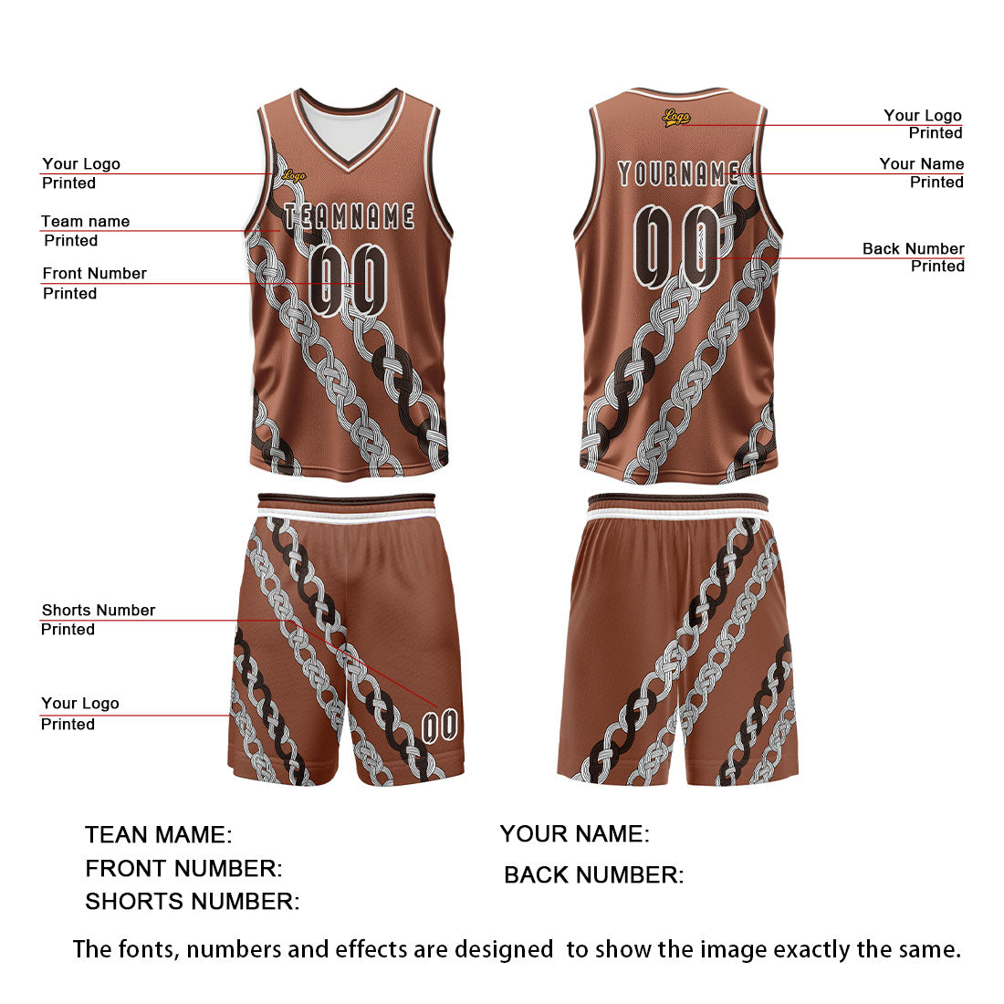 Benutzerdefinierter Braun Basketball Jersey Uniform Anzug gedruckt Ihr Logo Name Nummer