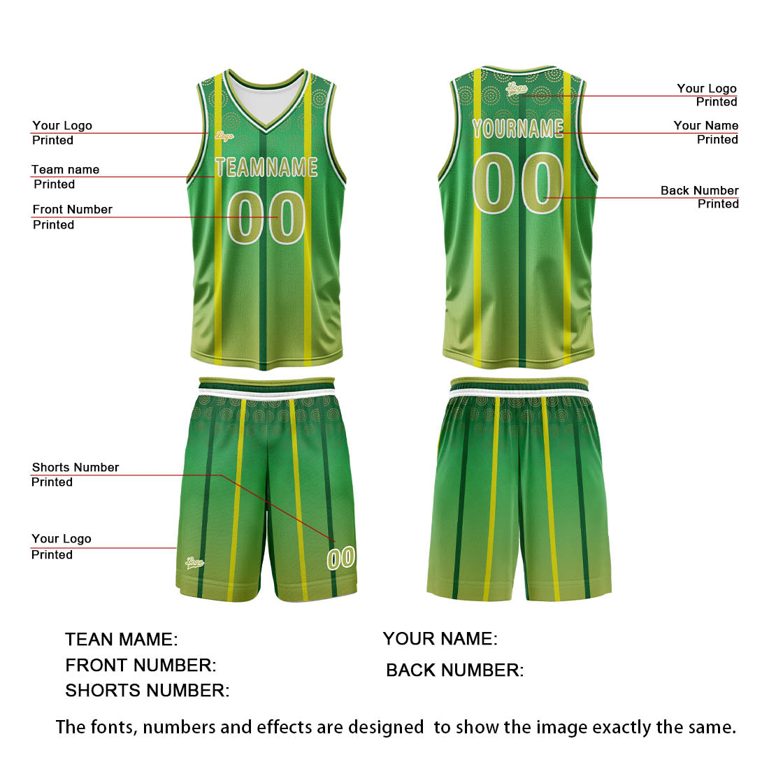 Benutzerdefinierter Grün Basketball Jersey Uniform Anzug gedruckt Ihr Logo Name Nummer