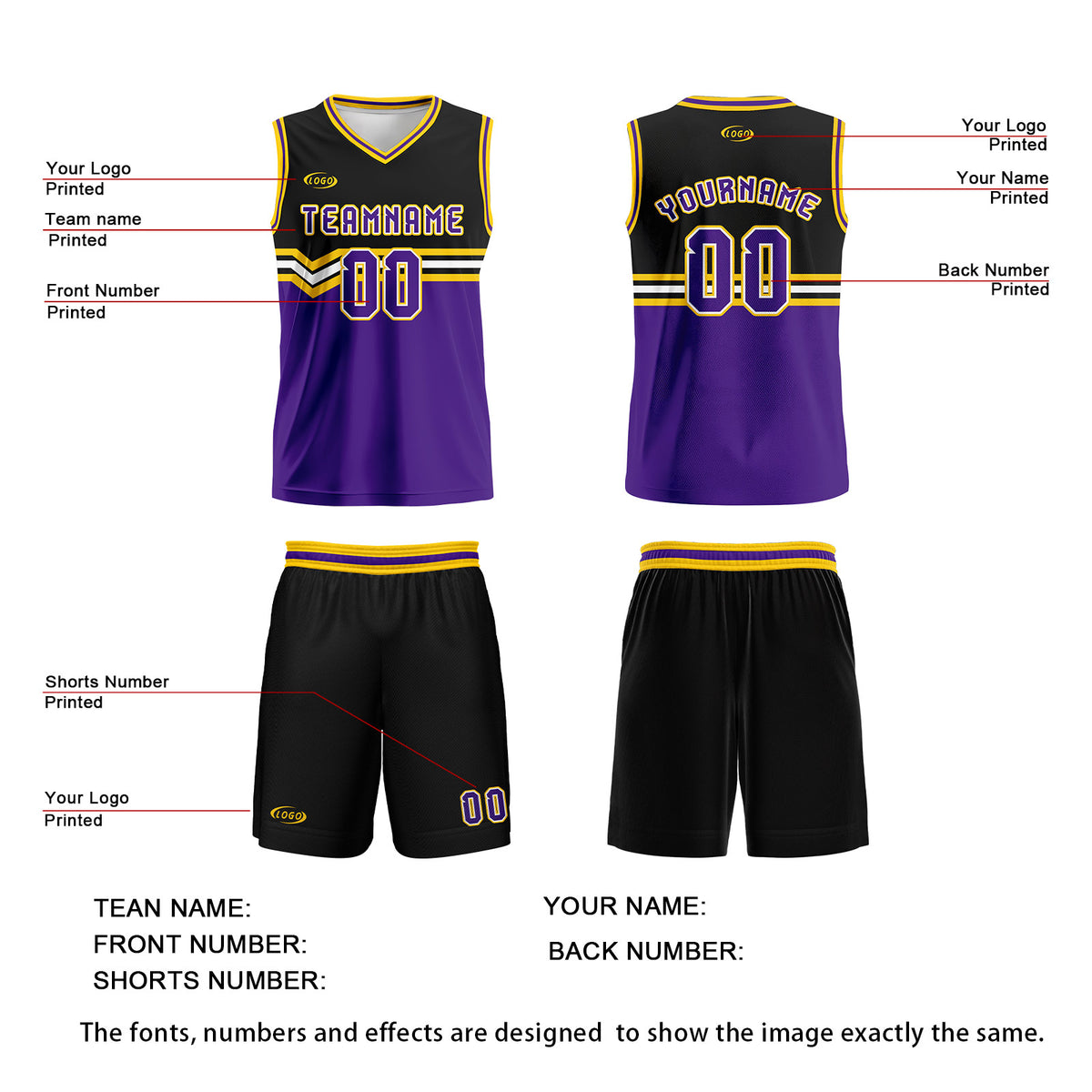 Benutzerdefinierter Schwarz Lila Gelb Weiß Basketball Jersey Uniform Anzug gedruckt Ihr Logo Name Nummer