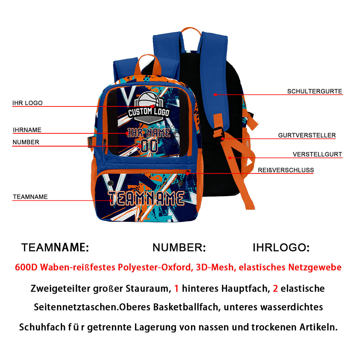 Individuell gestalteter Basketball - und Fußballrucksack in Dunkelblau - Orange mit personalisierten Spielernamen & Nummern und Teamlogos #BP-0919-0014