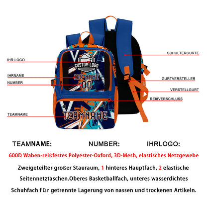 Individuell gestalteter Basketball - und Fußballrucksack in Dunkelblau - Orange mit personalisierten Spielernamen & Nummern und Teamlogos #BP-0919-0014