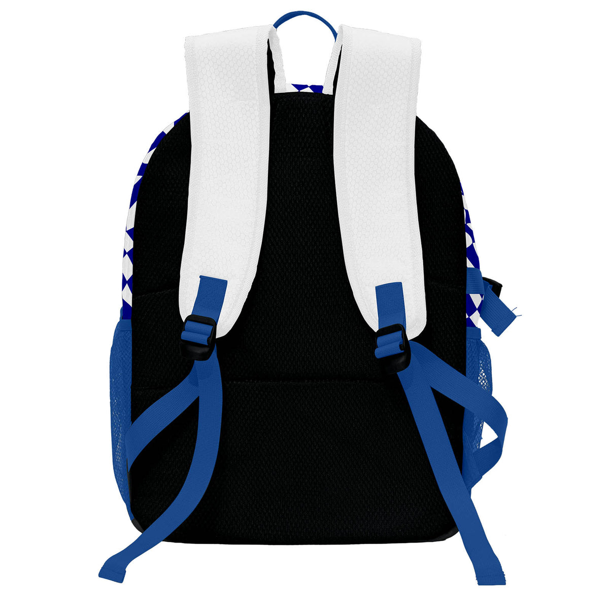 Personalisierter weißer und blauer Basketball - und Fußballrucksack mit Spielernamen & Nummern und Teamlogo #BP-0919-0037