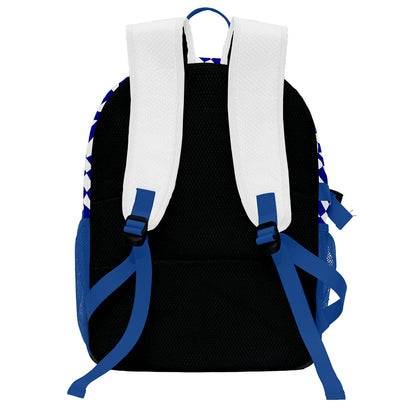 Personalisierter weißer und blauer Basketball - und Fußballrucksack mit Spielernamen & Nummern und Teamlogo #BP-0919-0037
