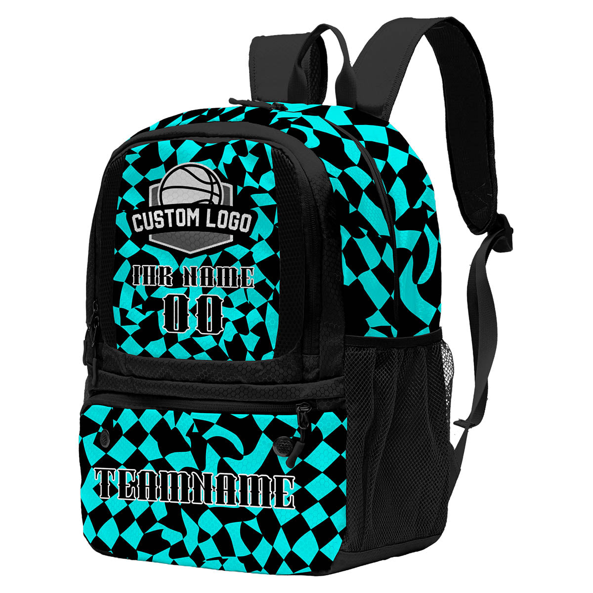 Personalisierter Basketball - und Fußballrucksack in Cyan und Schwarz mit Spielernamen & Nummern und Teamlogo #BP-0919-0011
