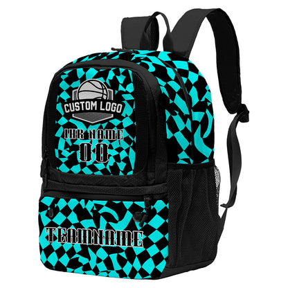 Personalisierter Basketball - und Fußballrucksack in Cyan und Schwarz mit Spielernamen & Nummern und Teamlogo #BP-0919-0011