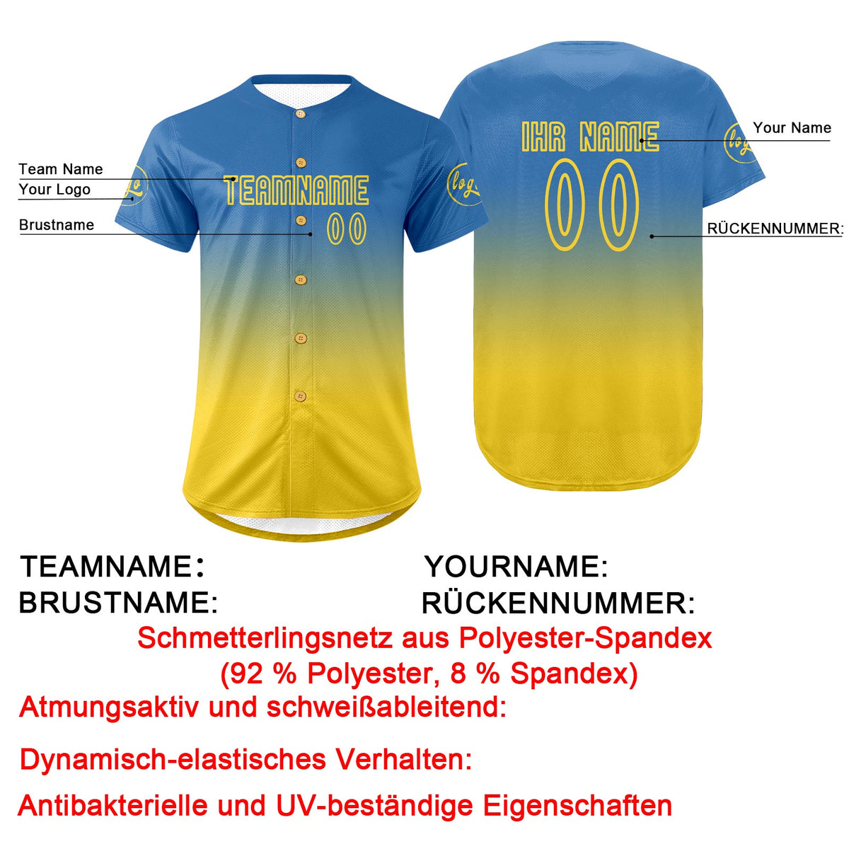 Benutzerdefiniert Blau Gelb Personalisierter Baseball Jersey mit Farbverlauf Team Uniform mit Namen und Nummer
