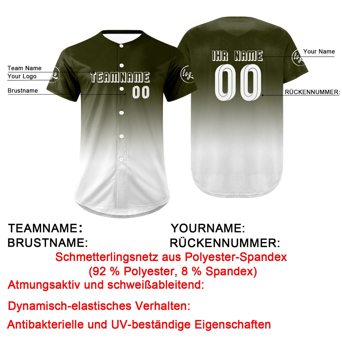 Benutzerdefiniert Grün Weiß Personalisierter Baseball Jersey mit Farbverlauf Team Uniform mit Namen und Nummer