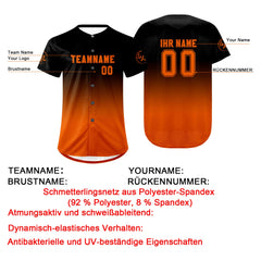 Benutzerdefiniert Schwarz Orange Personalisierter Baseball Jersey mit Farbverlauf Team Uniform mit Namen und Nummer