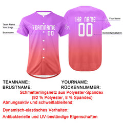 Benutzerdefiniert Lila Rosa Personalisierter Baseball Jersey mit Farbverlauf Team Uniform mit Namen und Nummer