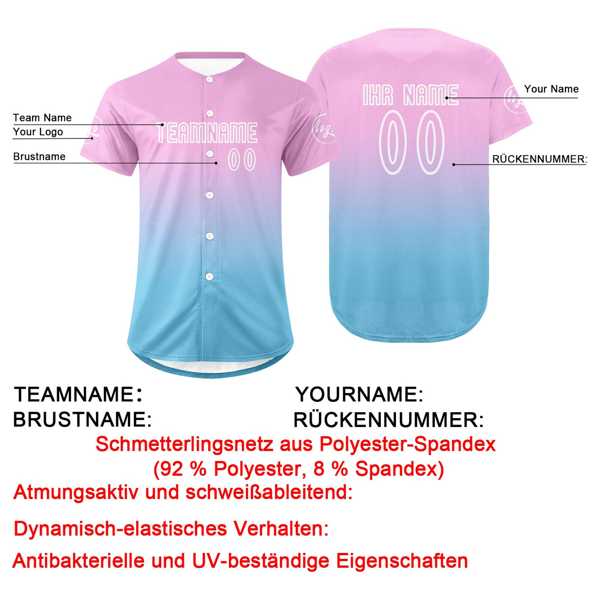 Benutzerdefiniert Rosa Blau Personalisierter Baseball Jersey mit Farbverlauf Team Uniform mit Namen und Nummer
