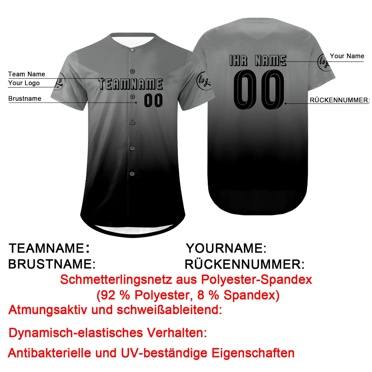 Benutzerdefiniert Grau Schwarz Personalisierter Baseball Jersey mit Farbverlauf Team Uniform mit Namen und Nummer