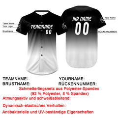 Benutzerdefiniert Schwarz Weiß Personalisierter Baseball Jersey mit Farbverlauf Team Uniform mit Namen und Nummer