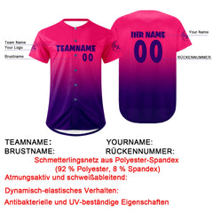 Benutzerdefiniert Fuchsia Lila Personalisierter Baseball Jersey mit Farbverlauf Team Uniform mit Namen und Nummer