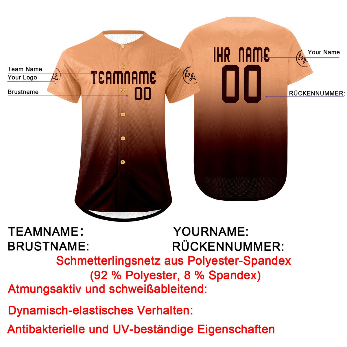 Benutzerdefiniert Hellbraun Braun Personalisierter Baseball Jersey mit Farbverlauf Team Uniform mit Namen und Nummer